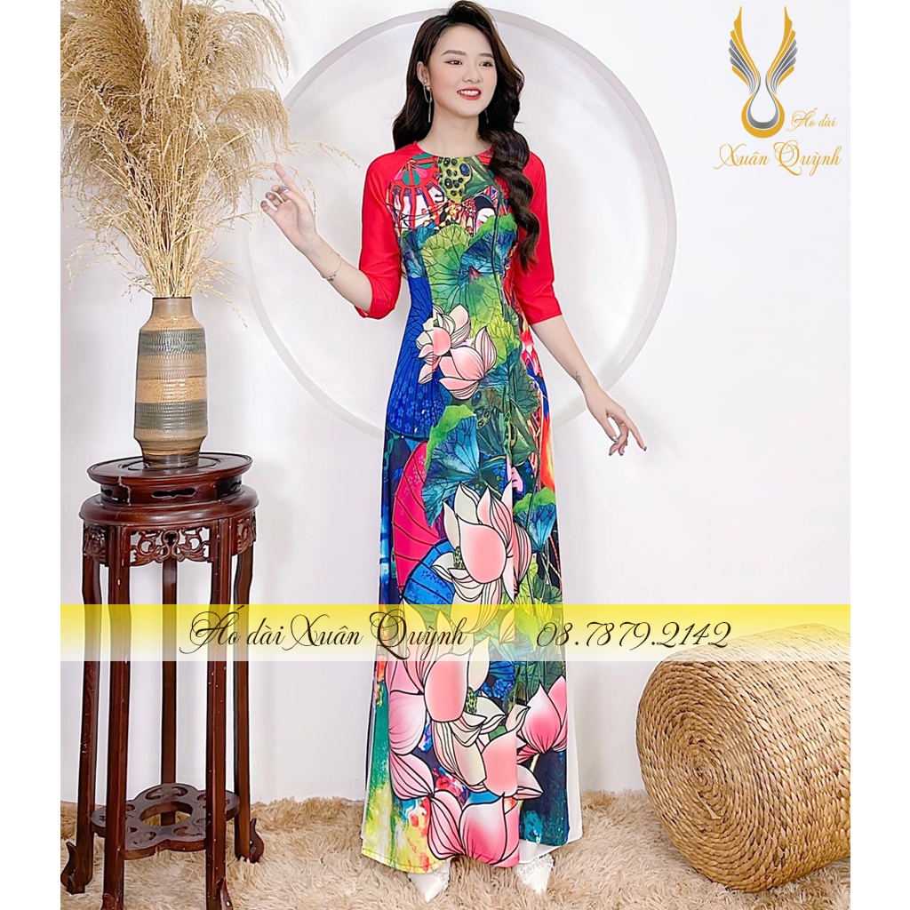 Áo Dài Hoa Sen Trẻ Trung Duyên Dáng Thanh Lịch, Lụa Habutai Co Dãn Mềm Mại A7 - Áo Dài Xuân Quỳnh