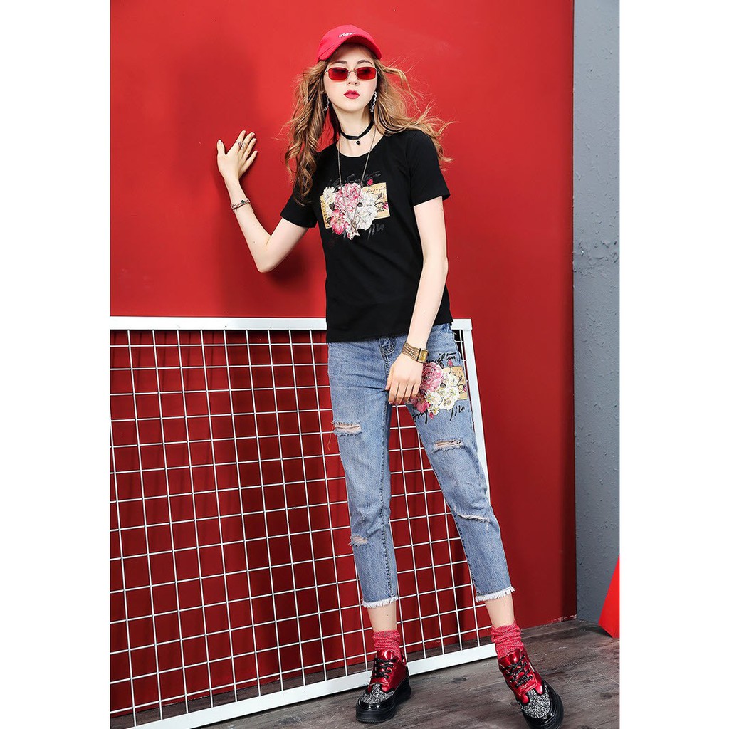 N61896 Set áo thun và quần jean nữ cao cấp hàng nhập