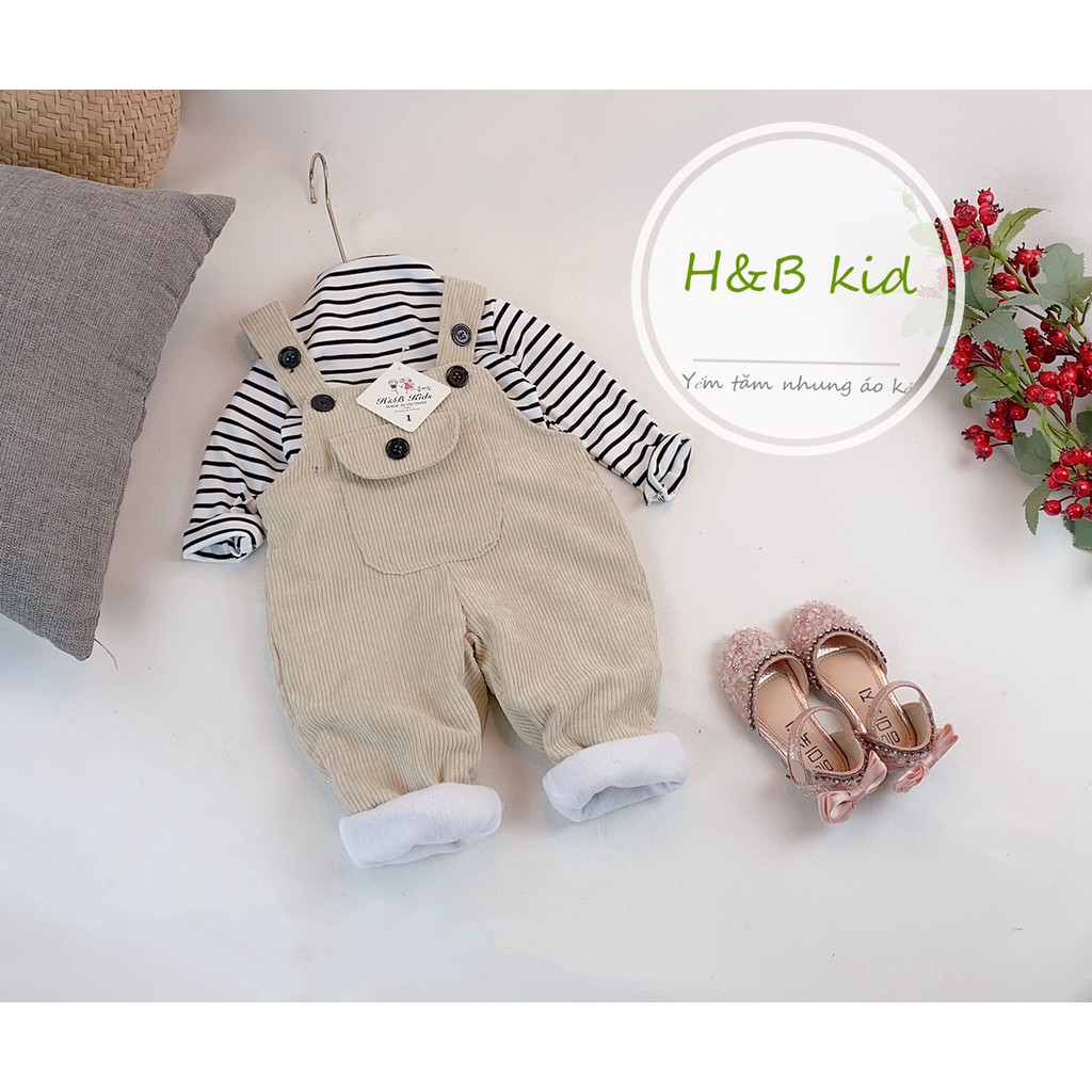Set Yếm Nhung Phối Áo Kẻ Kiểu Dáng Hàn Quốc Cho Bé 8-20Kg V236 - NamKidShop