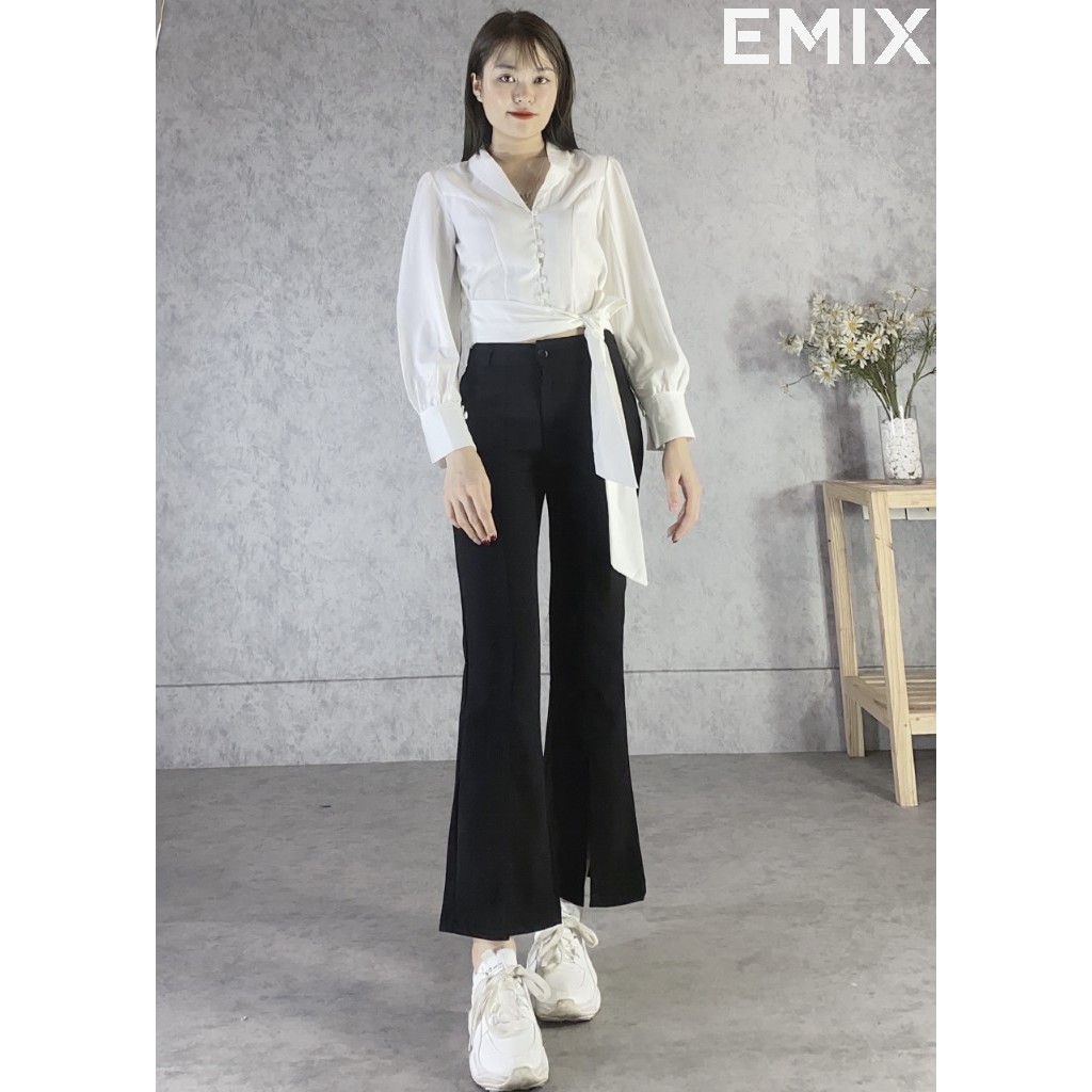 Quần tây nữ công sở ống loe xẻ trước EMIX (màu đen), cạp cao, dáng dài 92cm, khóa trước, xẻ vừa, chất tuyết mưa 2026