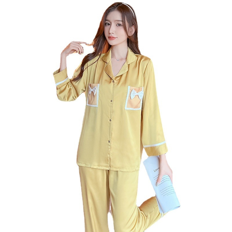 Bộ Đồ Ngủ Tay Dài Chất Lụa Mỏng Nhẹ Đính Nơ Thời Trang Xuân Thu Xinh Xắn Cho Nữ