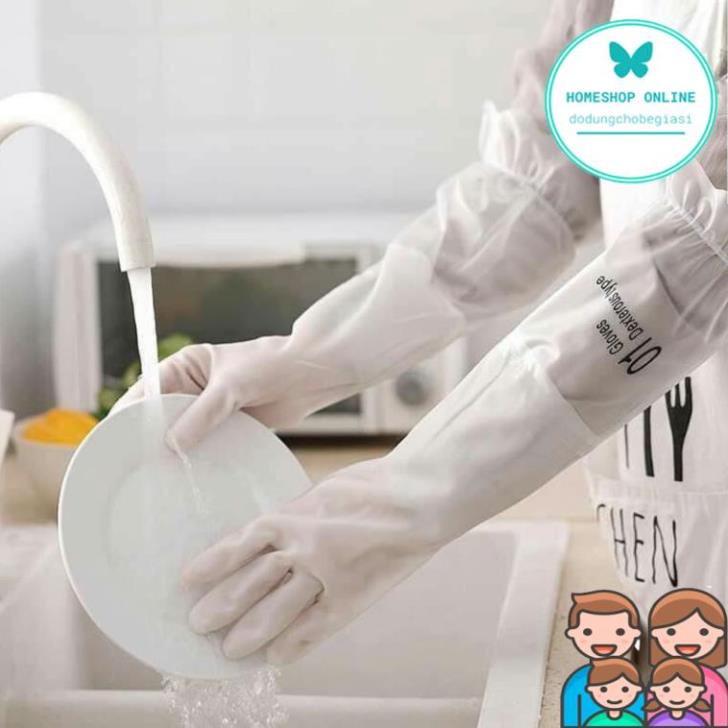 Găng Tay Rửa Chén Bát Lót Nỉ Siêu Dai Dài Tay - Cổ cao - Có chun chống tụt 88237