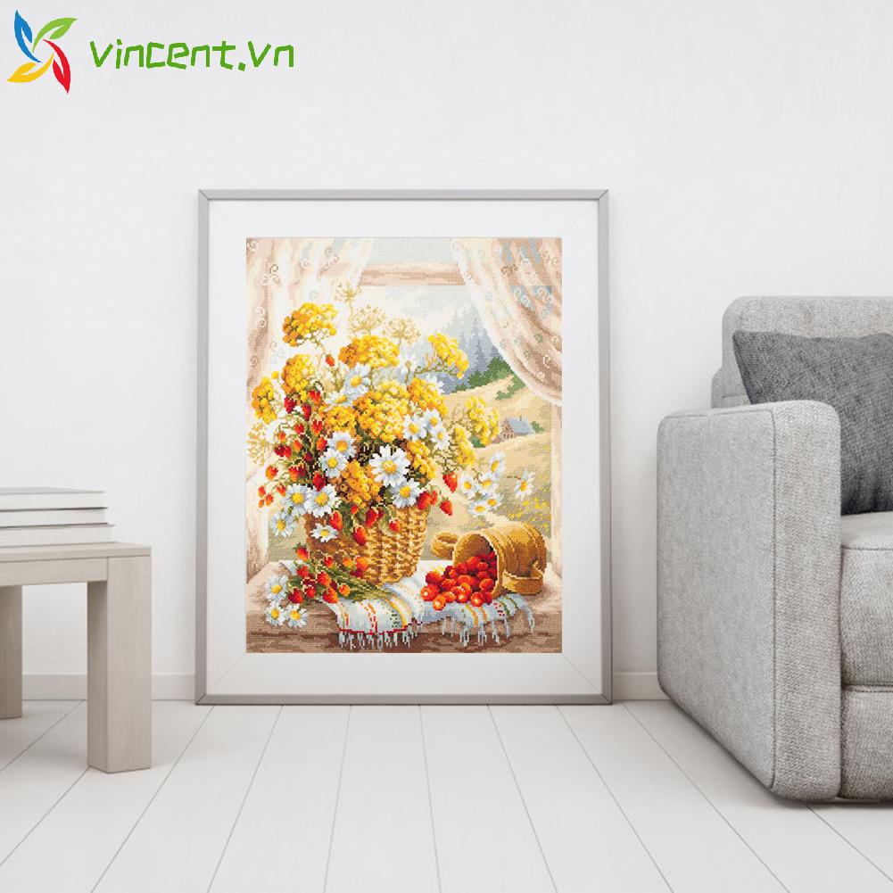 Bộ dụng cụ thêu tranh chữ thập họa tiết hoa cúc 11CT trang trí nhà cửa