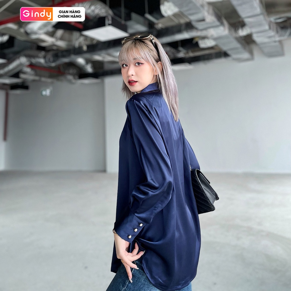 Áo sơ mi nữ form rộng màu xanh cổ đức vải lụa mềm GINDY basic sơmi công sở, sinh viên học sinh A10026