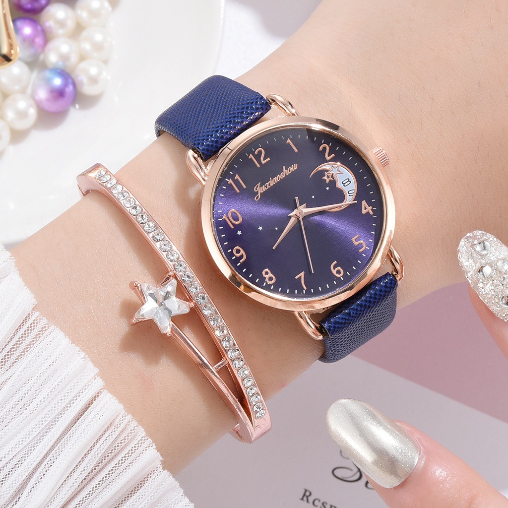 Đồng hồ đeo tay nữ họa tiết mặt trăng lấp lánh thời trang