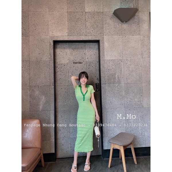 ĐẦM MIDI BODY SỌC XANH CỔ POLO