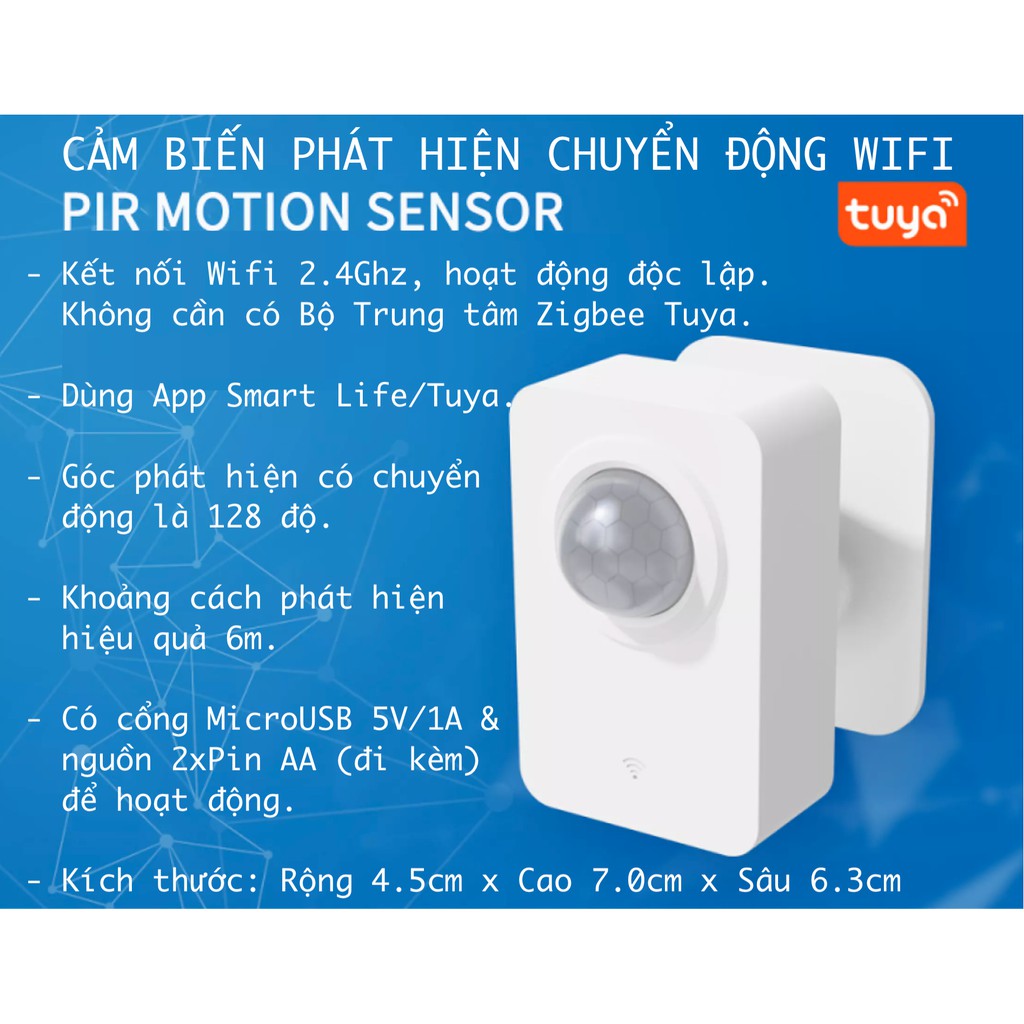 Cảm biến phát hiện chuyển động PIR Motion Sensor, Hệ Tuya, kết nối Wifi, App Smart Life/ Tuya.