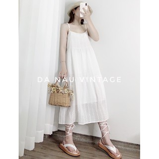 Đầm Babydoll trắng nữ 2 dây thêu hoa dập nổi có lớp lót – Da Nâu Vintage
