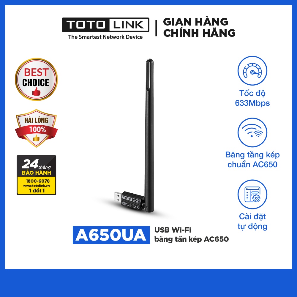 TOTOLINK A650UA USB WiFi băng tần kép chuẩn AC 650Mbps cho máy tính bàn PC laptop