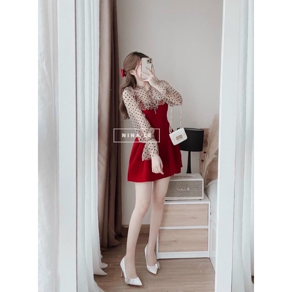 Đầm nữ umi nơ cổ sang chảnh dáng xoè phối lưới bi umi