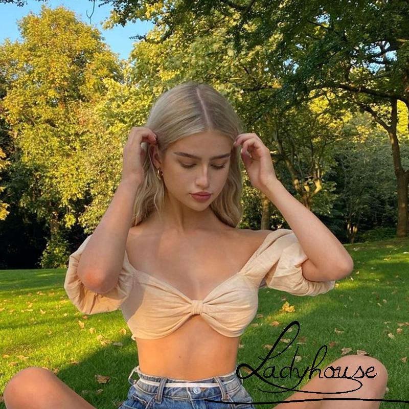 Áo Croptop Trễ Vai Tay Ngắn Dáng Ôm Màu Trơn Thắt Nơ Thời Trang Mùa Hè Cho Nữ