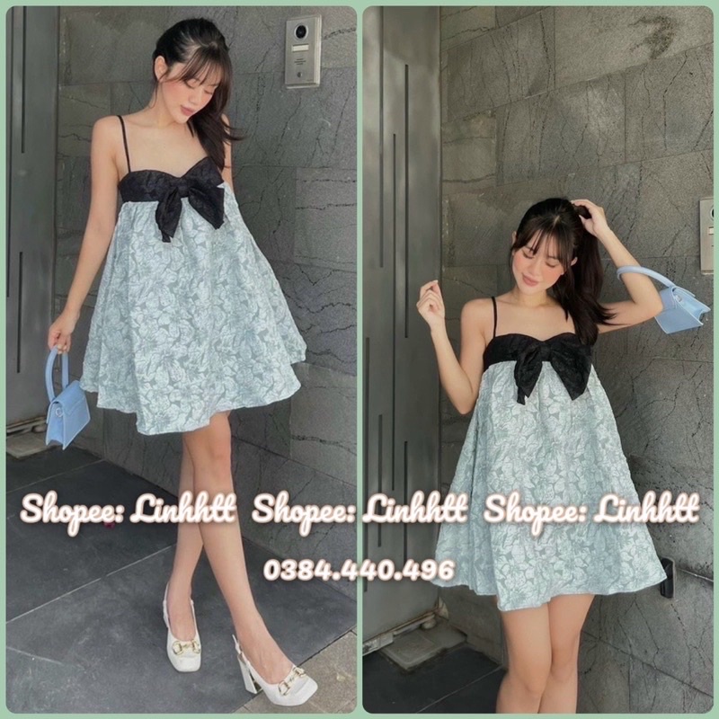Váy 2 dây gấm babydoll nơ ngực freesize