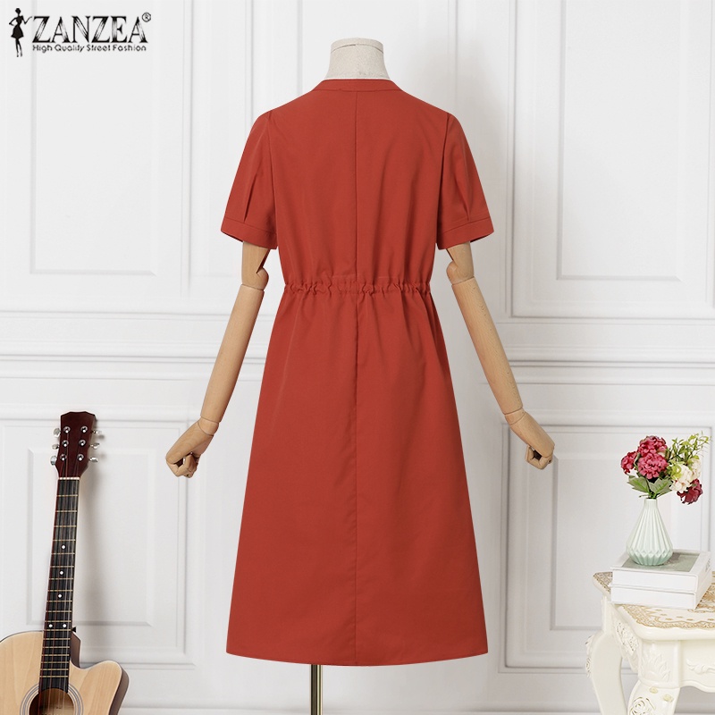 Đầm midi Zanzea tay ngắn cổ chữ V lưng thun rút dây thời trang dành cho nữ