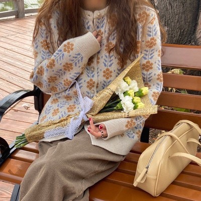 Áo khoác Cardigan len dệt họa tiết hoa lá, phong cách tiểu thư hàn quốc