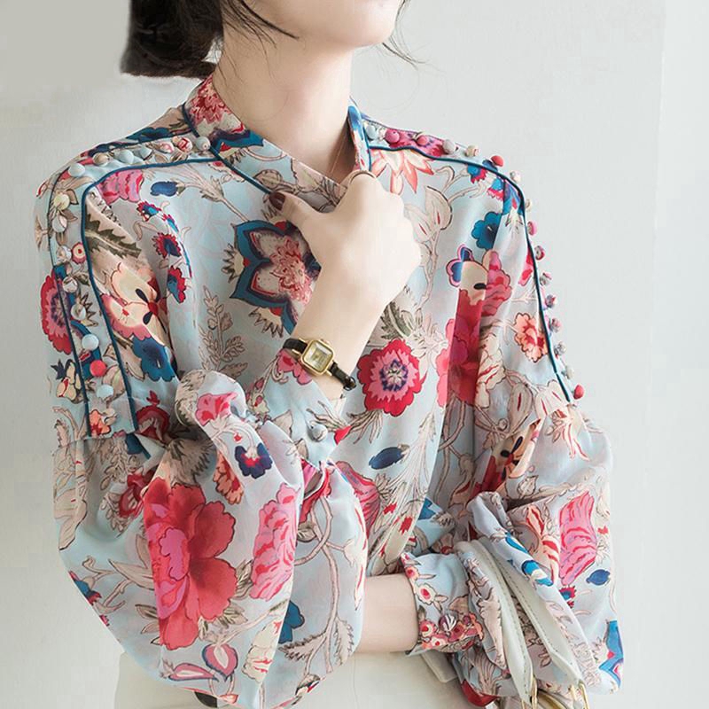 Áo voan tay phồng form rộng không co giãn màu xanh dương/hồng size M-3XL