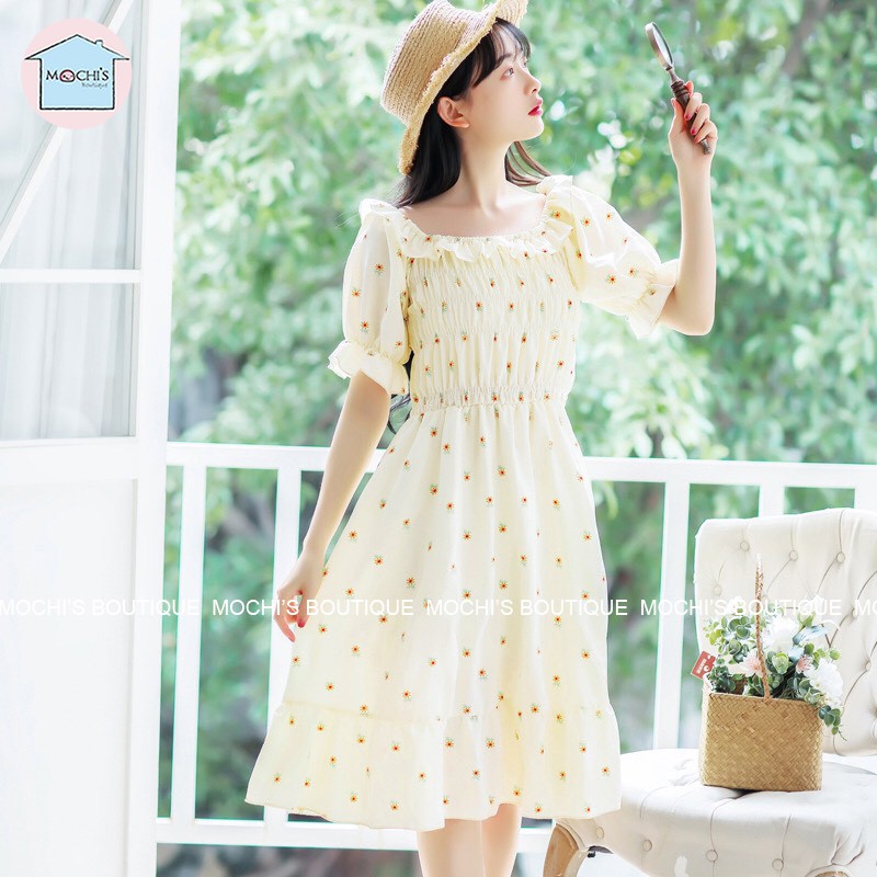 Váy đầm bánh bèo dáng xòe họa tiết hoa, mẫu váy đầm nữ đẹp mặc được 2 kiểu trễ vai hoặc cổ vuông, tiện lợi-M010 | BigBuy360 - bigbuy360.vn