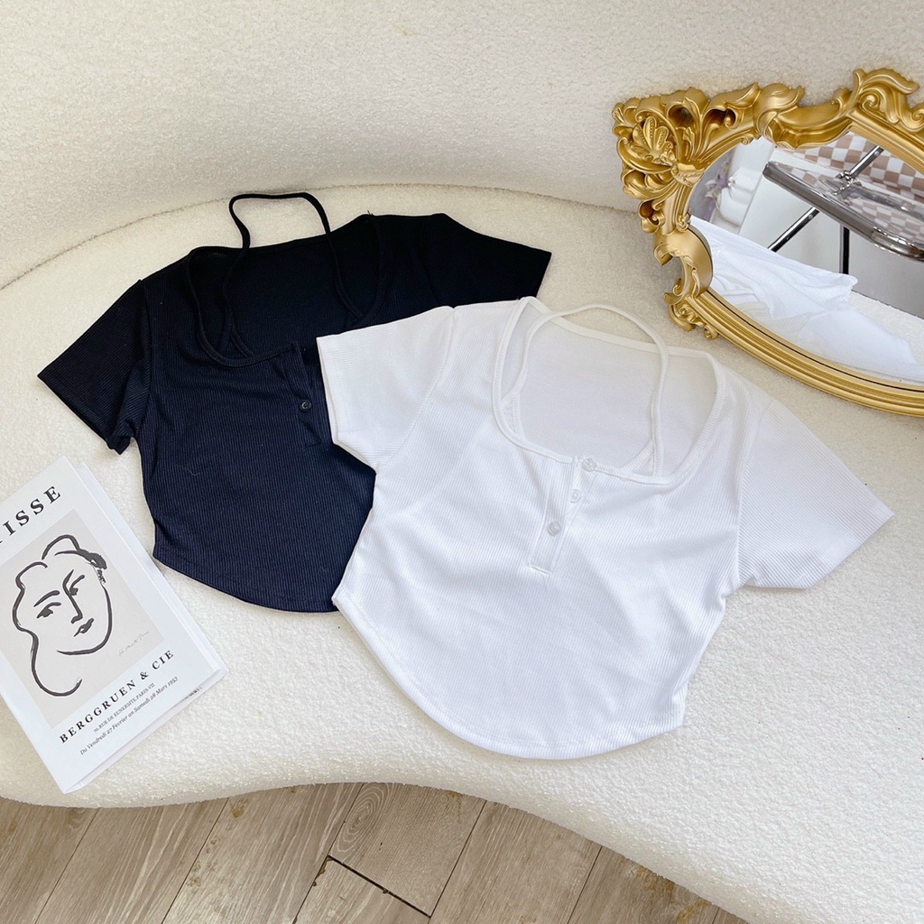 Set áo croptop ôm , áo croptop tay ngắn kiểu yếm phối nút vạt bầu cá tính Bare - A099