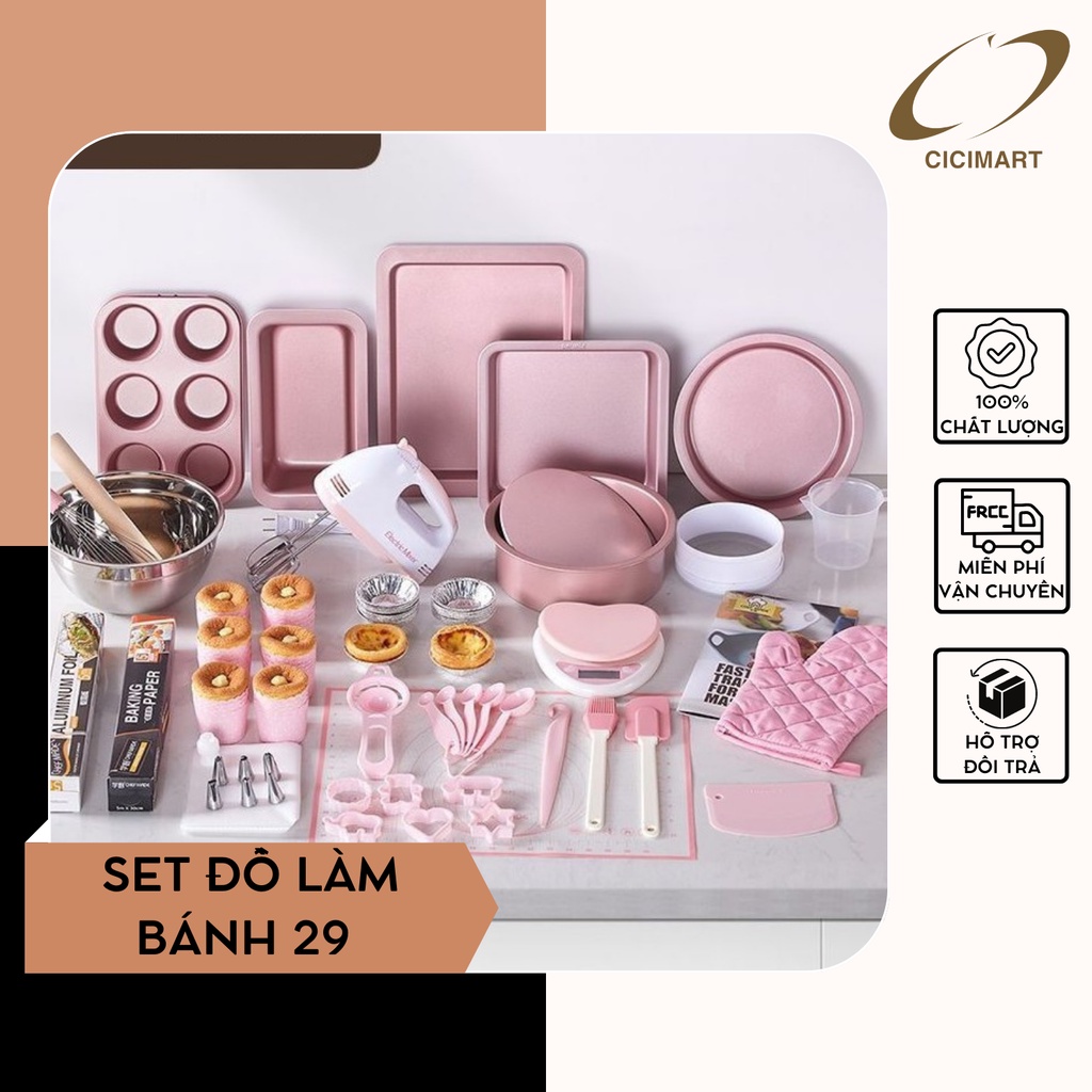 Set Đồ Làm Bánh 29 Chi Tiết Đầy Đủ Dụng Cụ Làm Bánh Kem Bánh Tart Bánh Muffin Màu Hồng Hàng Nội Địa Trung