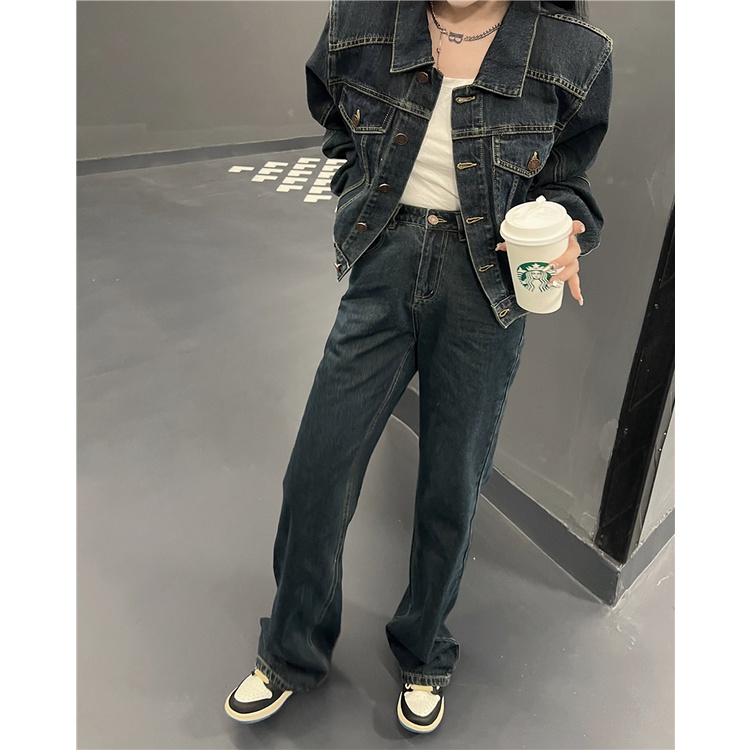 Bộ Áo Khoác Denim Ngắn Dáng Rộng + Quần Jeans Dài Lưng Cao Ống Rộng Thời Trang Cho Nữ