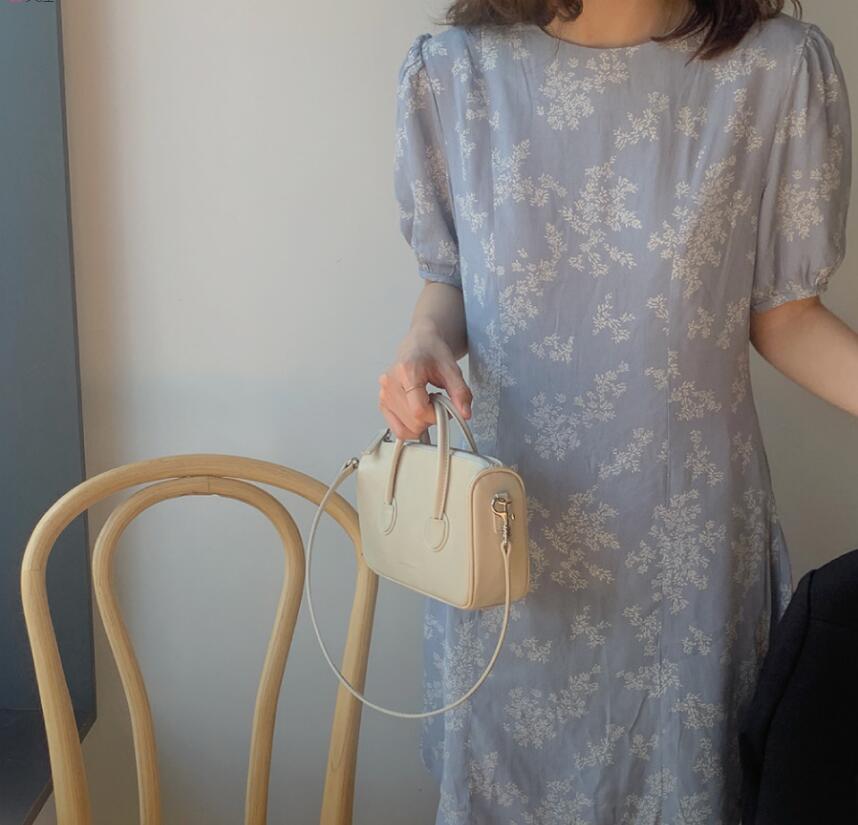 SUXI Đầm tay ngắn cổ tròn in hoa thời trang Hàn Quốc