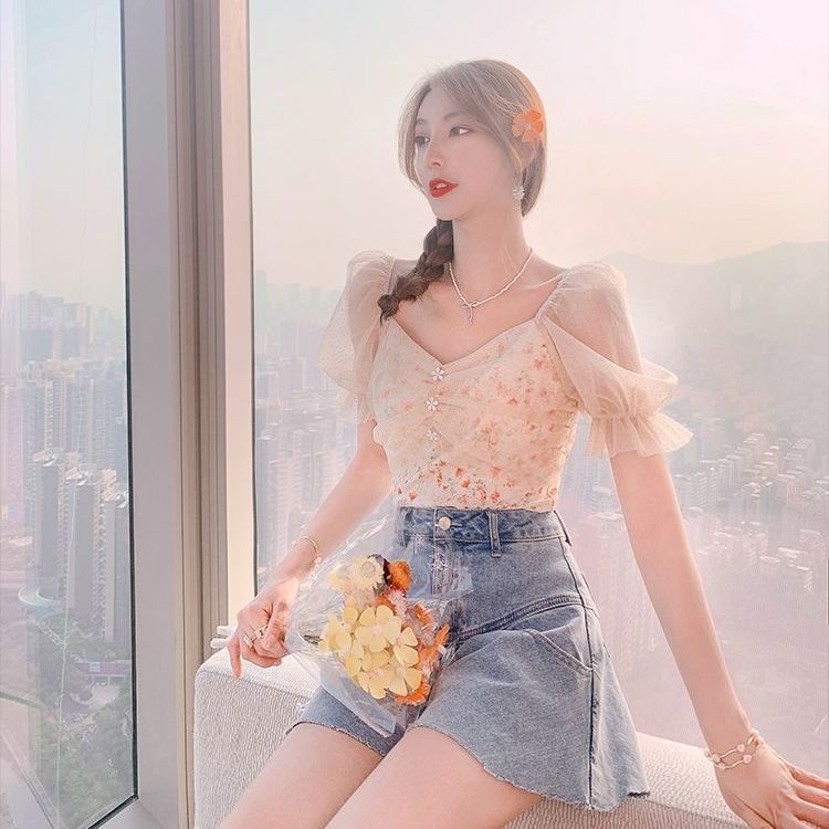 Đầm Đuôi Cá Hai Dây Mỏng Ghép Vải Lưới In Hoa Thời Trang Mùa Hè Pháp Ngọt Ngào Hàng Mới 2022 Dành Cho Bạn Nữ