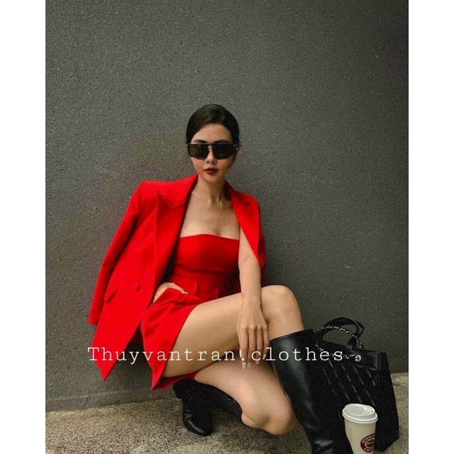 Sét bộ thời trang nữ mặc đi chơi chất cotton lạnh vest tay dài 3 món kèm quần đùi 2 màu xanh và đỏ