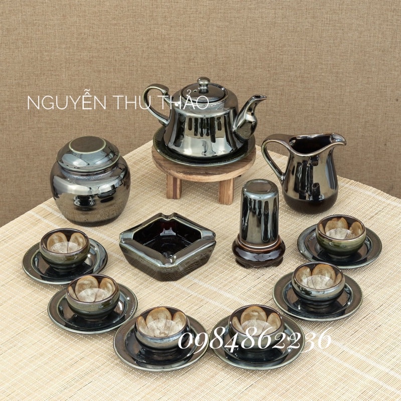 Bộ ấm chén men hoả biến rêu gương Bát Tràng- Bộ ấm chén đẹp- Bộ trà cao cấp