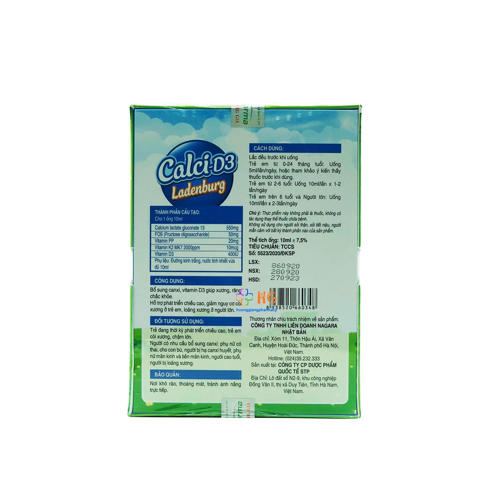 Calci - D3 Ladenburg - Bổ sung Canxi, Vitamin D3 giúp xương răng chắc khoẻ. Hỗ trợ phát triển chiều cao (Hộp 20 ống)