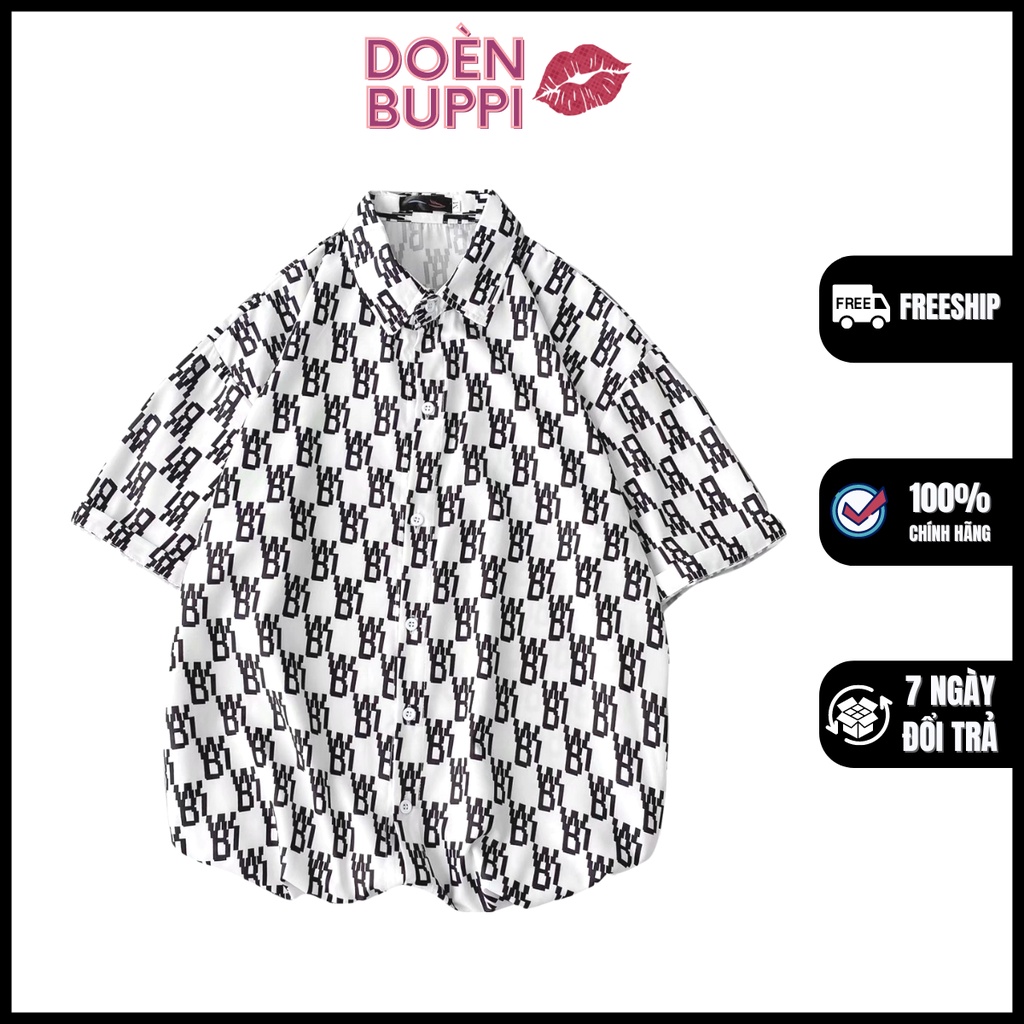Áo sơ mi ngắn tay unisex nam nữ, cổ đứng, vải lụa lạnh nhập khẩu thoáng mát, TRẮNG CHỮ WB - DOÈNBUPPI Shirt