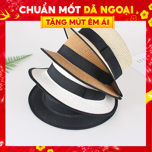Nón Cói Vintage Viền Đen Thắt Nơ Vuông JCB02 Kiểu Dáng Mũ Cói Boater Tiểu Thư Tặng Kèm Hộp Giữ Form Nón