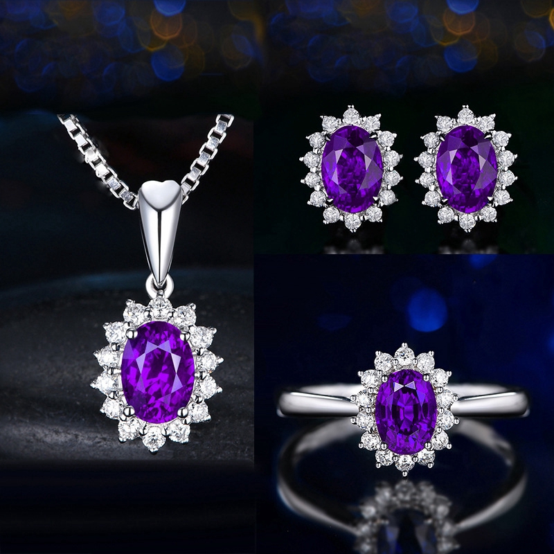 Full Kim Cương Sapphire Công Chúa Vương Miện Vòng Cổ Bộ Nhẫn Đính Bông Tai Dây Chuyền Nữ