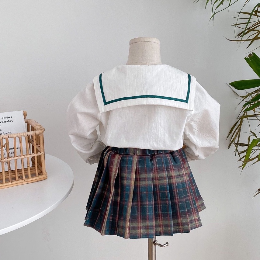 SG091 - Set áo váy học sinh thuỷ thủ kèm nơ sz 90-140 , sơ mi trắng, chân váy caro, thời trang hàn quốc thu đông 2022