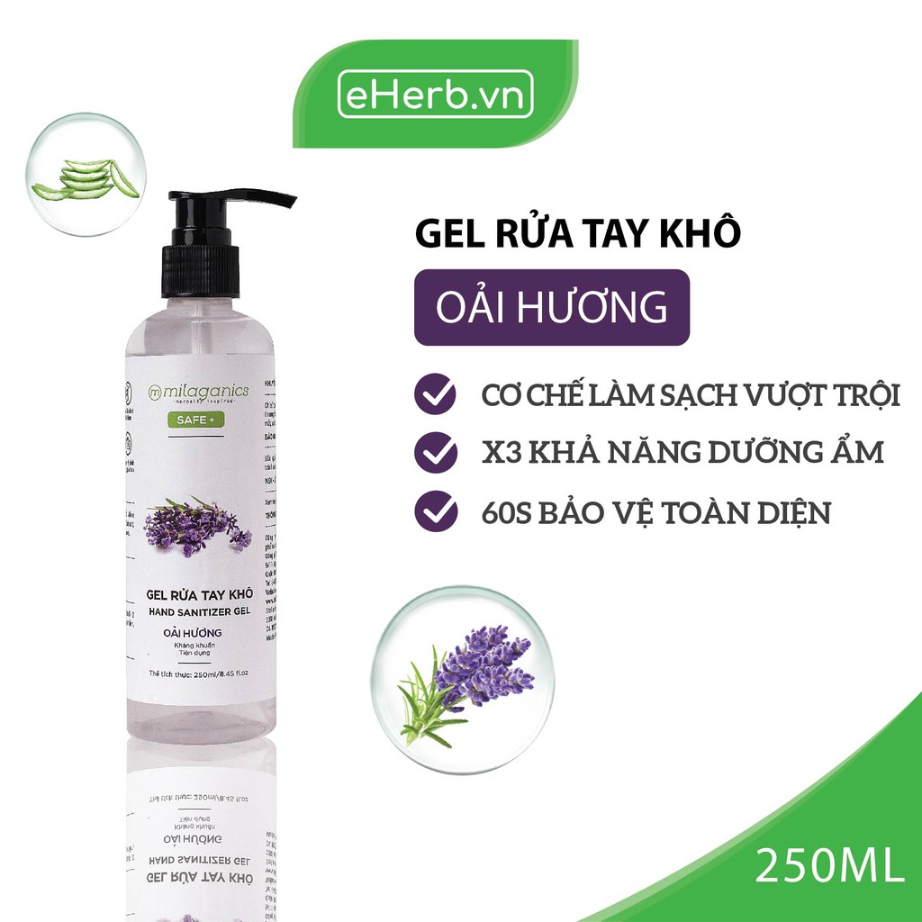 Gel Rửa Tay Khô Oải Hương Làm Sạch Vượt Trội, X3 Dưỡng Ẩm Không Gây Khô Da MILAGANICS 250ml (Chai)