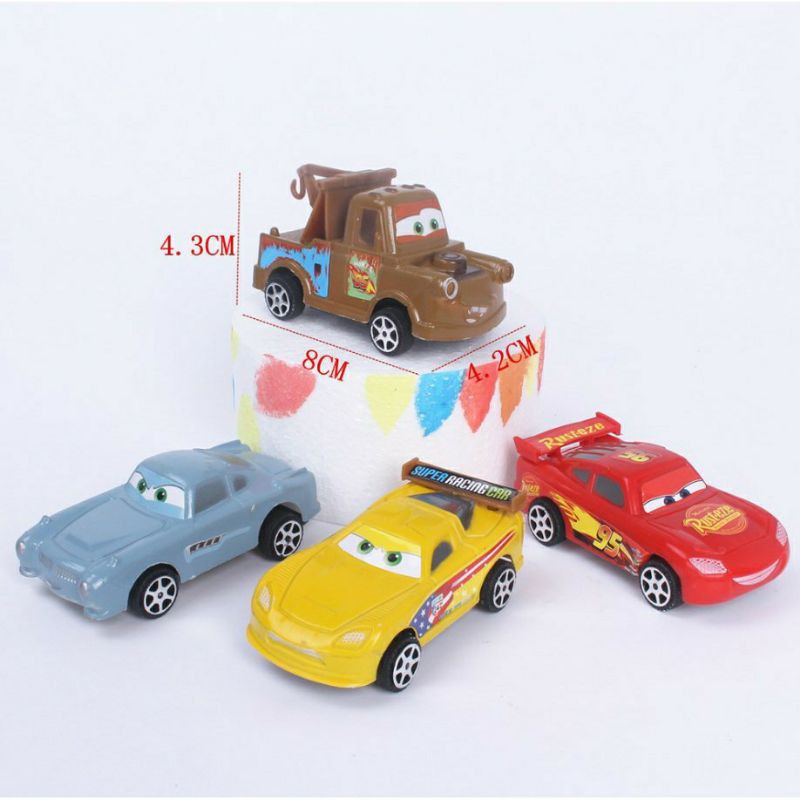 Set 4 ô tô mắt trang trí bánh kem, set 4 oto hoạt hình đồ chơi cho bé