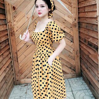 Váy maxi xòe chấm bi cao cấp