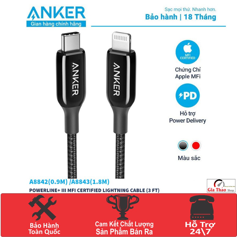 Cáp Sạc Anker Powerline+ III USB C To Lightning A8842(0.9m)/ A8843(1.8m) Sạc Nhanh 18w Chuẩn MFI Hỗ Trợ Truyền Dữ Liệu