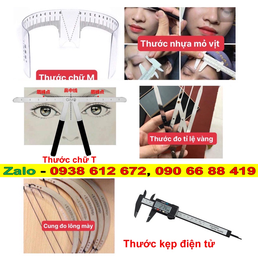 Thước đo tỉ lệ vàng, Thước kẹp điện tử, thước chữ M, Thước nhựa kẹp mỏ vịt, thước chữ T, cung đo lông mày