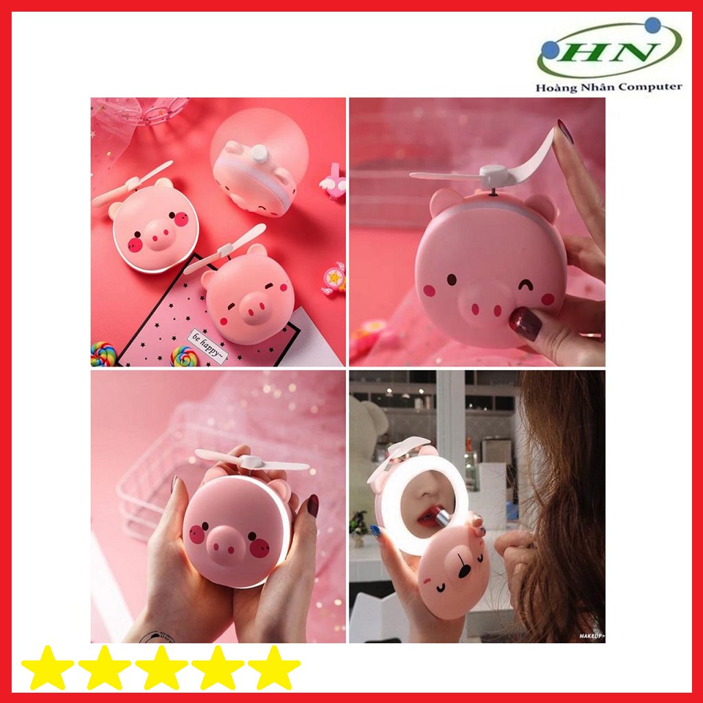 Quạt HÌNH HEO mini kèm gương và đèn led hình heo siêu dễ thương