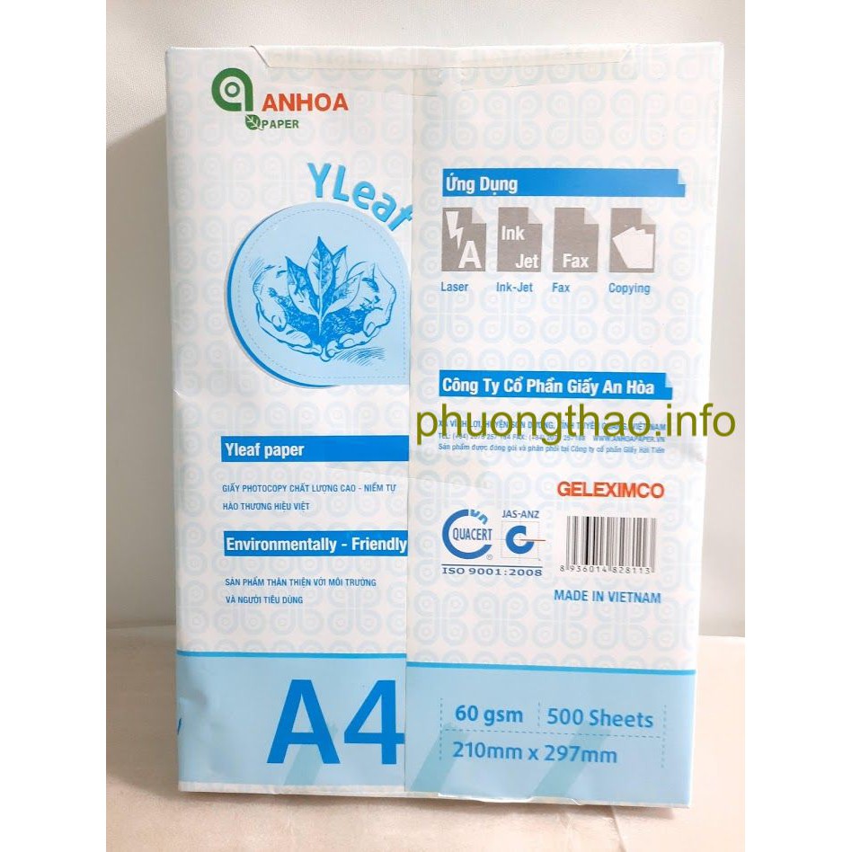 [ Giá tại kho ] Giấy An Hòa - Yleaf A4/ ĐL60 - 500 tờ/ram ( Made in Việt Nam )