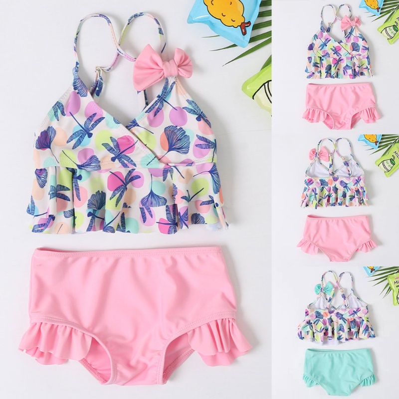 Bộ Đồ Bơi Hai Mảnh Không Tay Nhún Bèo In Họa Tiết Xinh Xắn Cho Bé Gái
