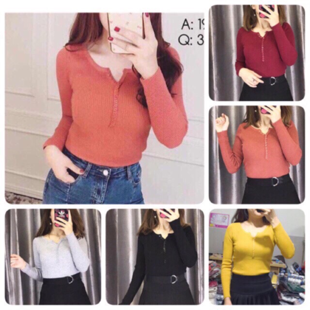 Áo len dài tay cổ cúc dáng ôm, Áo kiểu cúc ngực vải len tăm co giãn AL1354 - NhiNhi Shop | BigBuy360 - bigbuy360.vn