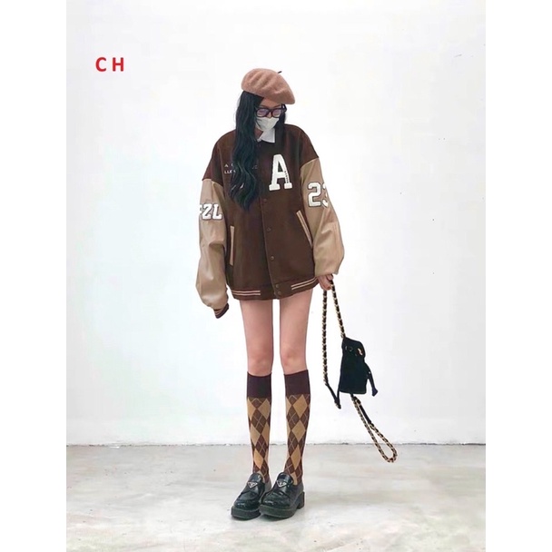 Áo khoác bomber jacket nam nữ phối Nâu Boin Chữ A  In Lucky, chất da cá dày siêu đẹp; Trend 2022