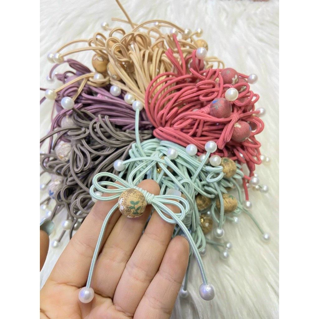 BỌ 5 DÂY BUỘC TÓC NƠ 5 MẪU KHÁC NHAU CHO NỮ NƠ RƠI KÈM HẠT TRAI