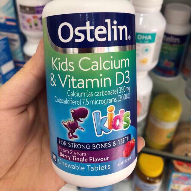 Canxi Ostelin Khủng Long vị dâu Cho Bé 90 viên - Ostelin Kids Calcium & Vitamin D3 90 Chewable Tablets