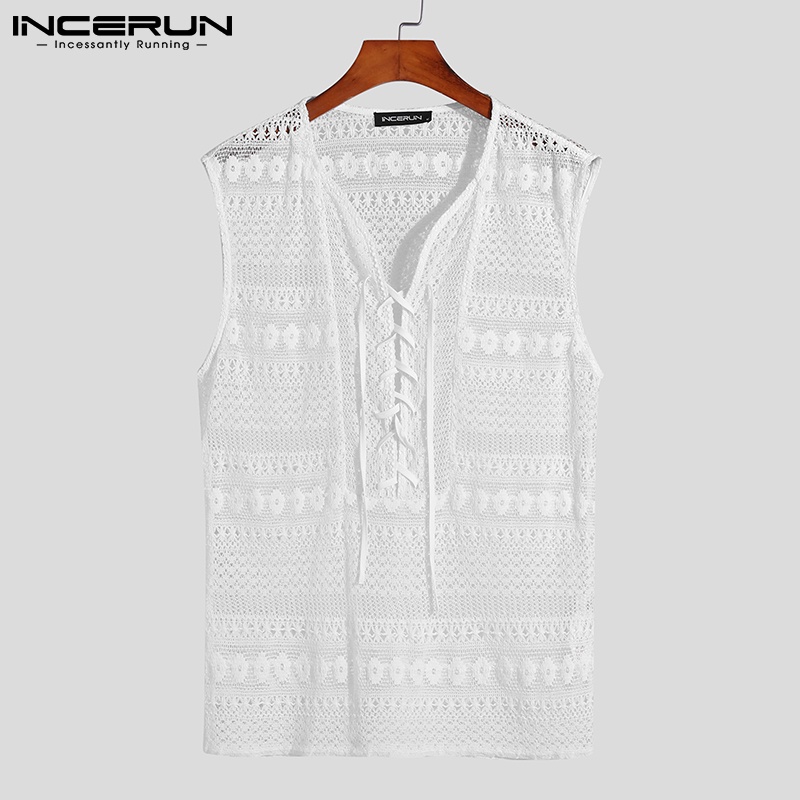 Áo INCERUN không tay cổ chữ v màu trắng xuyên thấu thoáng khí có dây buộc cho nam