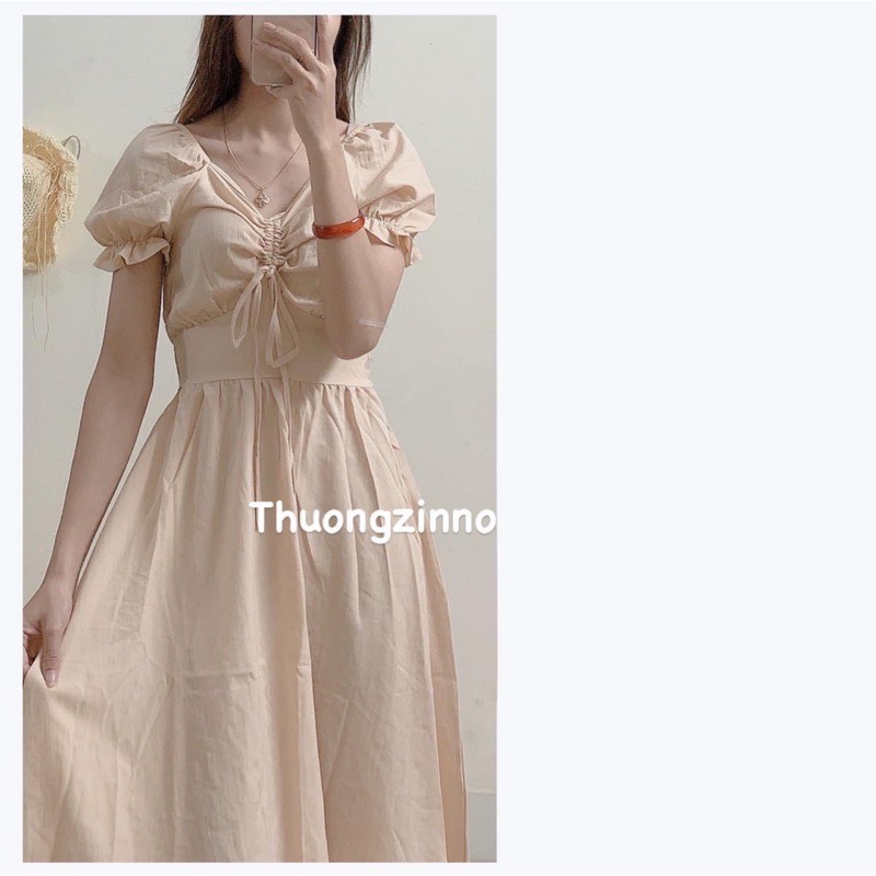 [Ảnh thật/Video]Váy thiết kế tay bồng rút ngực Đầm rút ngực bo eo Hàng Quảng Châu