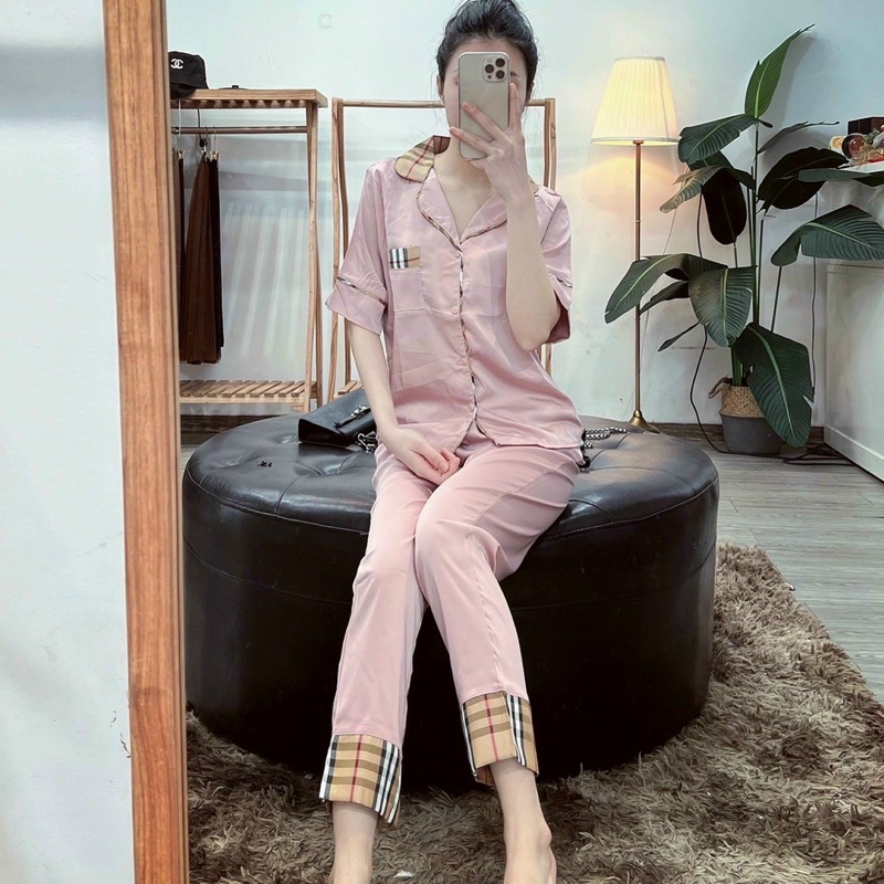 Bộ lụa pijama mặc viền kẻ hàng thiết kế cao cấp