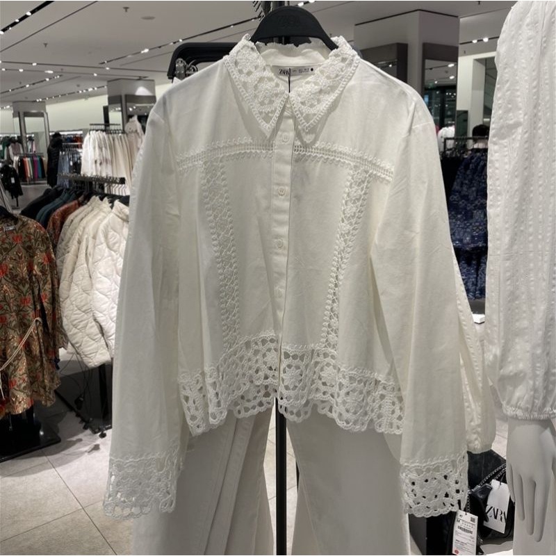 Áo sơ mi ren thêu dáng ngắn ZR