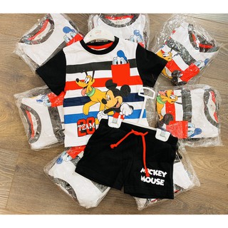 Bộ thun cotton quần da cá bé trai mickey kẻ hm