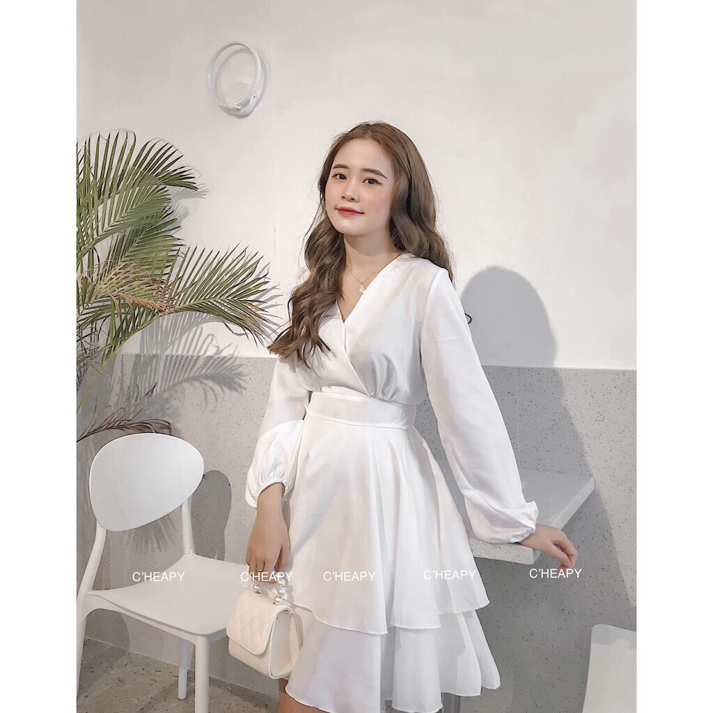 Váy voan trắng xếp ly nhăn Vintage MORAN dáng dài cổ V thun eo nhẹ nhàng tiểu thư Hàn Quốc